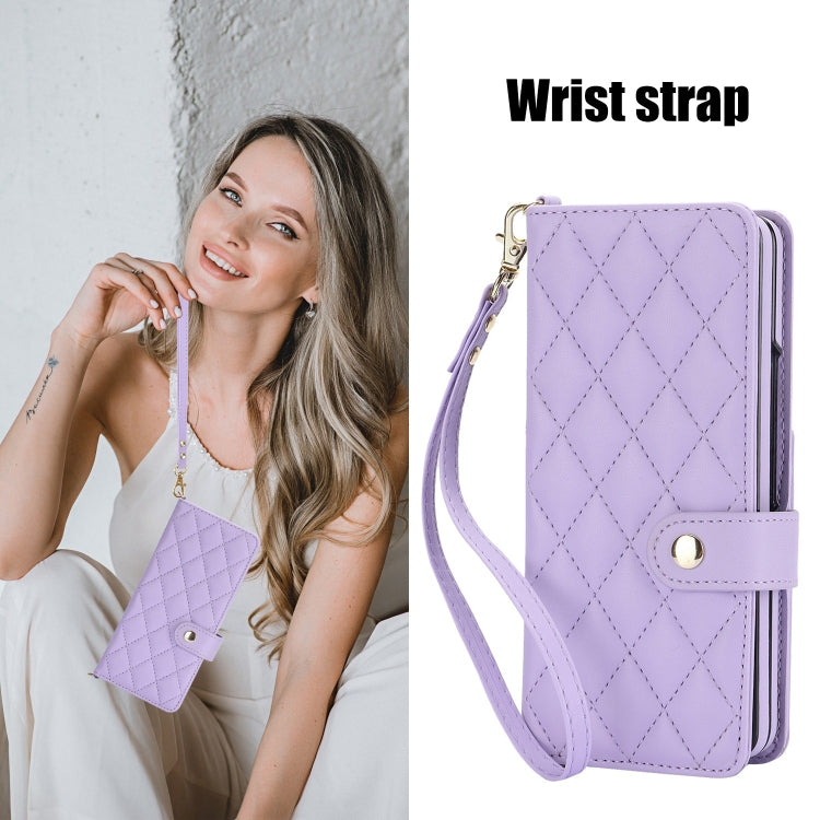 For Samsung Galaxy Z Fold4 Crossbody Multifunction Rhombic Leather Phone Case(Purple) - Galaxy Z Fold4 5G Cases by buy2fix | Online Shopping UK | buy2fix