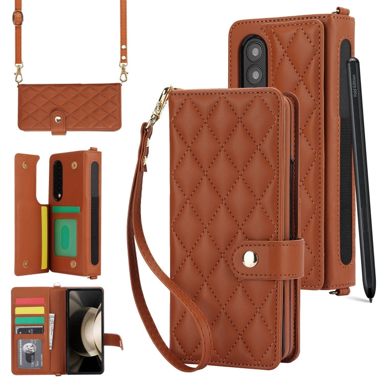 For Samsung Galaxy Z Fold4 Crossbody Multifunction Rhombic Leather Phone Case(Brown) - Galaxy Z Fold4 5G Cases by buy2fix | Online Shopping UK | buy2fix