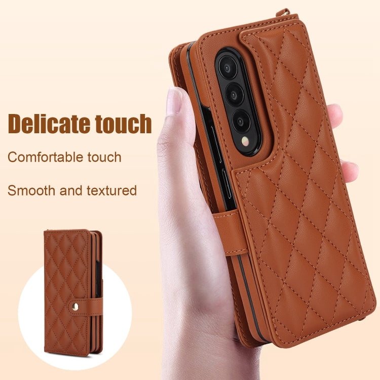 For Samsung Galaxy Z Fold4 Crossbody Multifunction Rhombic Leather Phone Case(Brown) - Galaxy Z Fold4 5G Cases by buy2fix | Online Shopping UK | buy2fix