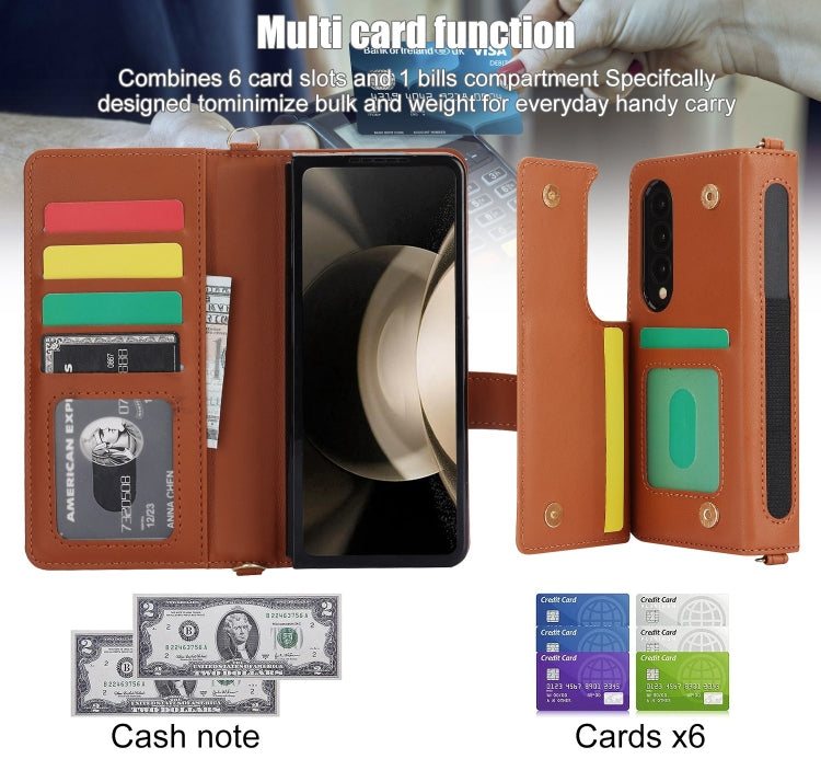 For Samsung Galaxy Z Fold4 Crossbody Multifunction Rhombic Leather Phone Case(Brown) - Galaxy Z Fold4 5G Cases by buy2fix | Online Shopping UK | buy2fix