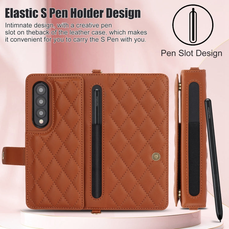For Samsung Galaxy Z Fold4 Crossbody Multifunction Rhombic Leather Phone Case(Brown) - Galaxy Z Fold4 5G Cases by buy2fix | Online Shopping UK | buy2fix