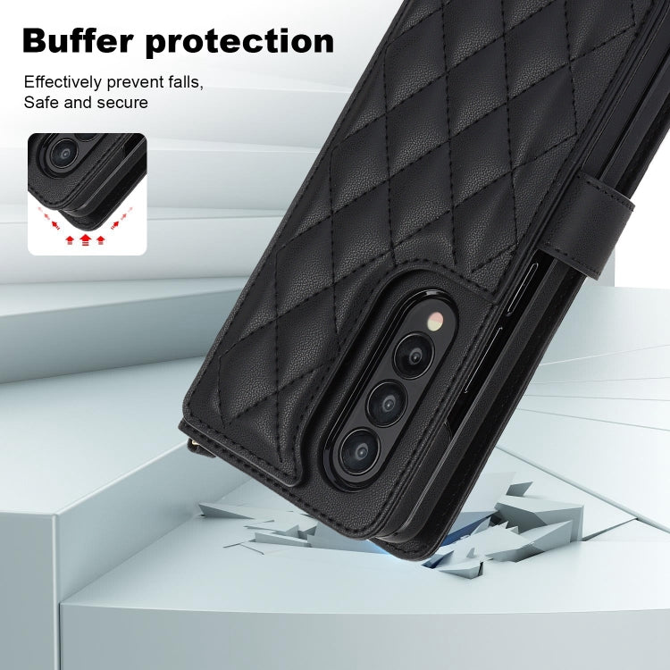 For Samsung Galaxy Z Fold3 Crossbody Multifunction Rhombic Leather Phone Case(Black) - Galaxy Phone Cases by buy2fix | Online Shopping UK | buy2fix