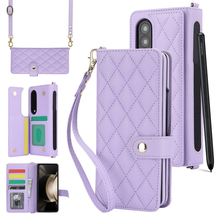 For Samsung Galaxy Z Fold3 Crossbody Multifunction Rhombic Leather Phone Case(Purple) - Galaxy Phone Cases by buy2fix | Online Shopping UK | buy2fix