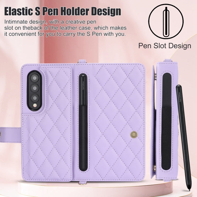 For Samsung Galaxy Z Fold3 Crossbody Multifunction Rhombic Leather Phone Case(Purple) - Galaxy Phone Cases by buy2fix | Online Shopping UK | buy2fix