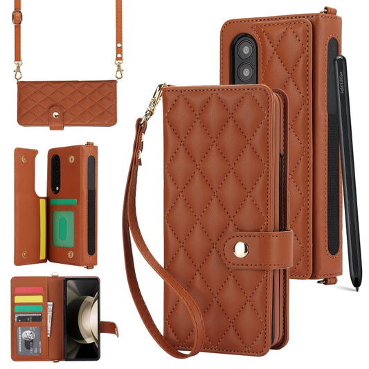 For Samsung Galaxy Z Fold3 Crossbody Multifunction Rhombic Leather Phone Case(Brown) - Galaxy Phone Cases by buy2fix | Online Shopping UK | buy2fix