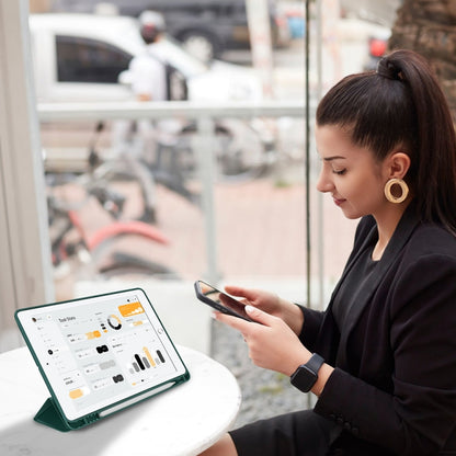 For iPad 10.2 2021 / 2020 / 2019 3-fold TPU Smart Leather Tablet Case with Pen Slot(Dark Green) - iPad 10.2 Cases by buy2fix | Online Shopping UK | buy2fix