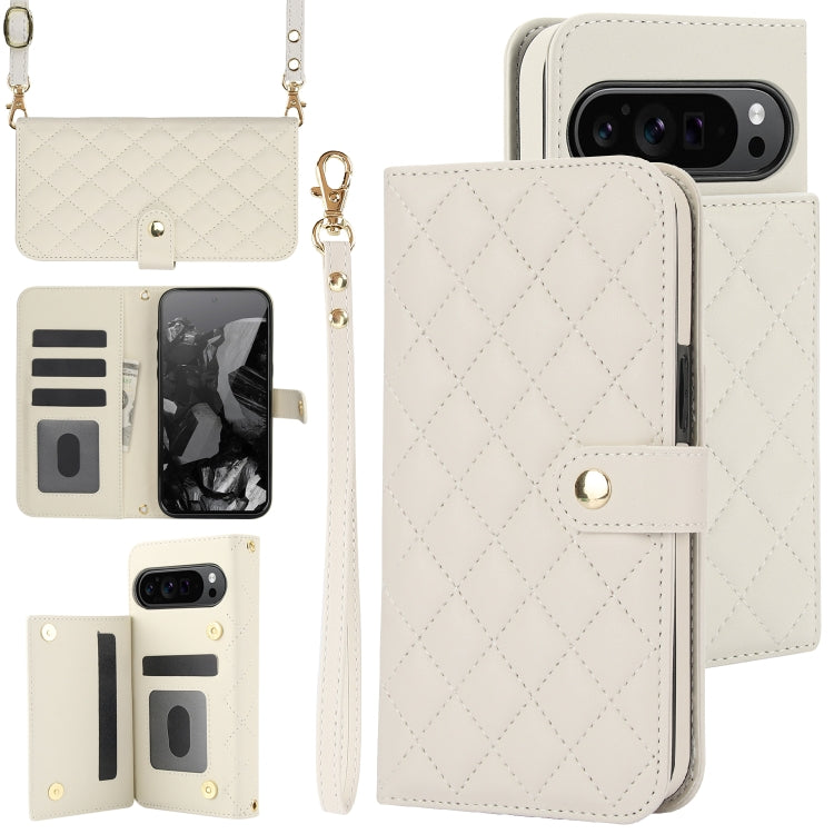 For Google Pixel 9 Crossbody Multifunction Rhombic Leather Phone Case(White) - Google Cases by buy2fix | Online Shopping UK | buy2fix