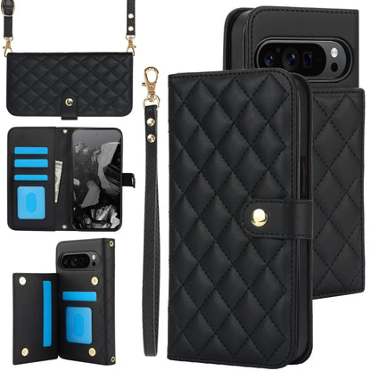 For Google Pixel 9 Crossbody Multifunction Rhombic Leather Phone Case(Black) - Google Cases by buy2fix | Online Shopping UK | buy2fix