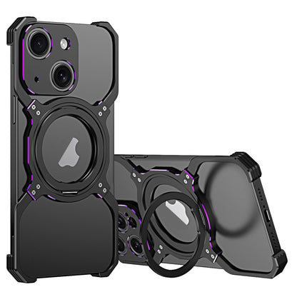For iPhone 14 Mechanical Arm Borderless MagSafe Holder Metal Phone Case(Black Purple) - iPhone 14 Cases by buy2fix | Online Shopping UK | buy2fix