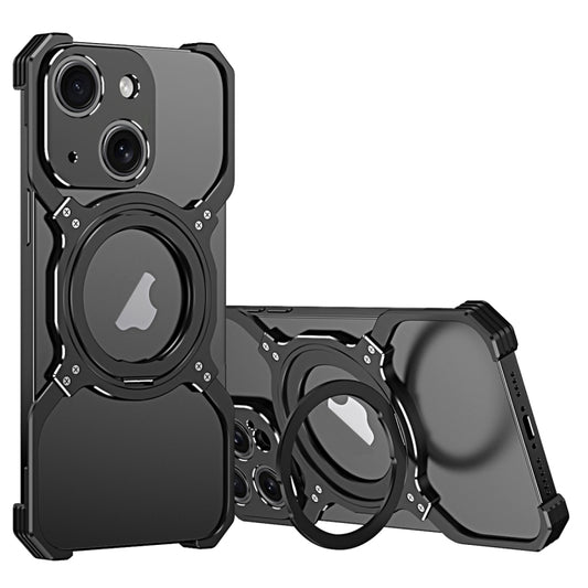 For iPhone 13 Mechanical Arm Borderless MagSafe Holder Metal Phone Case(Black Silver) - iPhone 13 Cases by buy2fix | Online Shopping UK | buy2fix