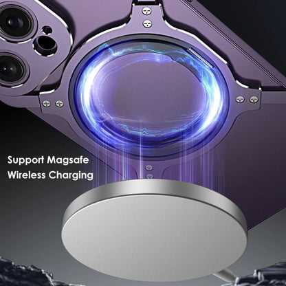 For iPhone 14 Mechanical Arm Borderless MagSafe Holder Metal Phone Case(Black Silver) - iPhone 14 Cases by buy2fix | Online Shopping UK | buy2fix