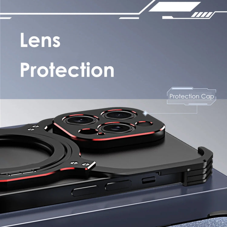 For iPhone 15 Plus Mechanical Arm Borderless MagSafe Holder Metal Phone Case(Black Red) - iPhone 15 Plus Cases by buy2fix | Online Shopping UK | buy2fix