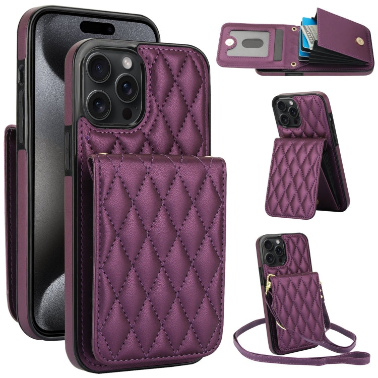 For iPhone 15 Pro Max YM015 Crossbody Rhombic Card Bag RFID Phone Case(Dark Purple) - iPhone 15 Pro Max Cases by buy2fix | Online Shopping UK | buy2fix