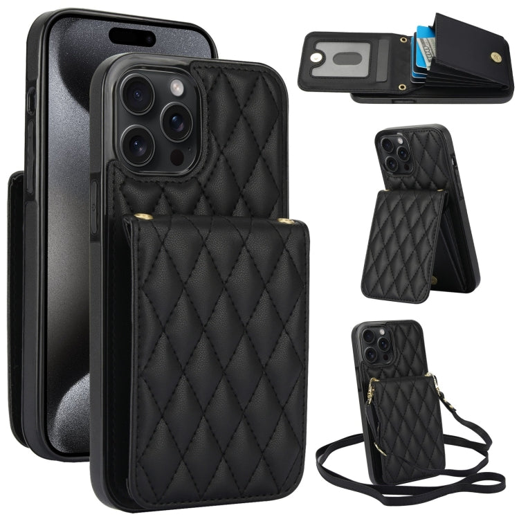 For iPhone 15 Pro YM015 Crossbody Rhombic Card Bag RFID Phone Case(Black) - iPhone 15 Pro Cases by buy2fix | Online Shopping UK | buy2fix