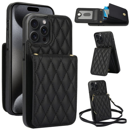 For iPhone 15 Pro YM015 Crossbody Rhombic Card Bag RFID Phone Case(Black) - iPhone 15 Pro Cases by buy2fix | Online Shopping UK | buy2fix
