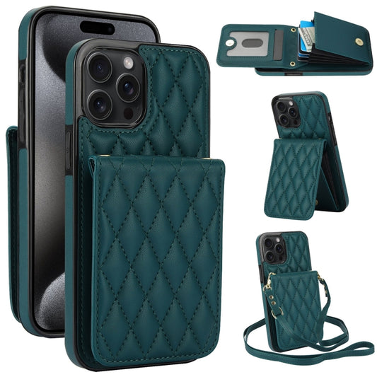 For iPhone 15 Pro YM015 Crossbody Rhombic Card Bag RFID Phone Case(Green) - iPhone 15 Pro Cases by buy2fix | Online Shopping UK | buy2fix