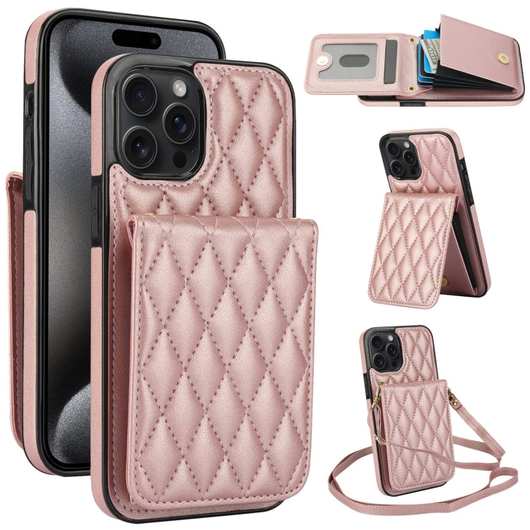 For iPhone 15 Pro YM015 Crossbody Rhombic Card Bag RFID Phone Case(Rose Gold) - iPhone 15 Pro Cases by buy2fix | Online Shopping UK | buy2fix