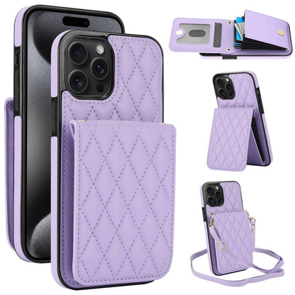 For iPhone 15 Pro YM015 Crossbody Rhombic Card Bag RFID Phone Case(Light Purple) - iPhone 15 Pro Cases by buy2fix | Online Shopping UK | buy2fix