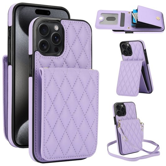 For iPhone 15 Pro YM015 Crossbody Rhombic Card Bag RFID Phone Case(Light Purple) - iPhone 15 Pro Cases by buy2fix | Online Shopping UK | buy2fix