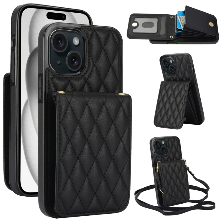 For iPhone 15 Plus YM015 Crossbody Rhombic Card Bag RFID Phone Case(Black) - iPhone 15 Plus Cases by buy2fix | Online Shopping UK | buy2fix