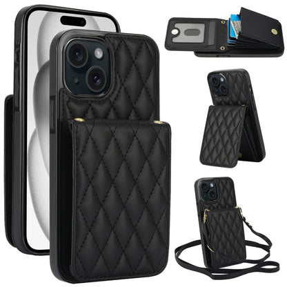 For iPhone 15 Plus YM015 Crossbody Rhombic Card Bag RFID Phone Case(Black) - iPhone 15 Plus Cases by buy2fix | Online Shopping UK | buy2fix