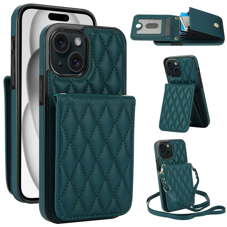 For iPhone 15 Plus YM015 Crossbody Rhombic Card Bag RFID Phone Case(Green) - iPhone 15 Plus Cases by buy2fix | Online Shopping UK | buy2fix