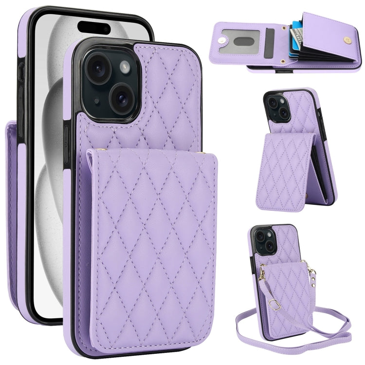 For iPhone 15 Plus YM015 Crossbody Rhombic Card Bag RFID Phone Case(Light Purple) - iPhone 15 Plus Cases by buy2fix | Online Shopping UK | buy2fix