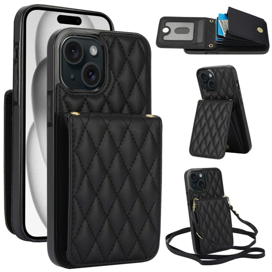 For iPhone 15 YM015 Crossbody Rhombic Card Bag RFID Phone Case(Black) - iPhone 15 Cases by buy2fix | Online Shopping UK | buy2fix