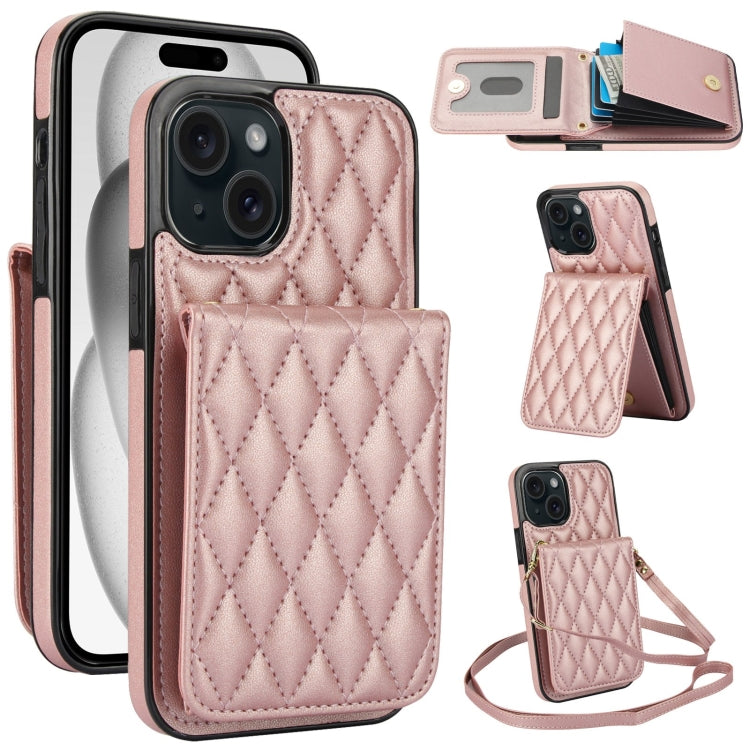 For iPhone 15 YM015 Crossbody Rhombic Card Bag RFID Phone Case(Rose Gold) - iPhone 15 Cases by buy2fix | Online Shopping UK | buy2fix