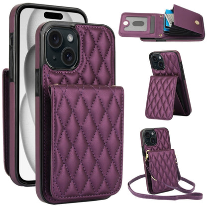 For iPhone 15 YM015 Crossbody Rhombic Card Bag RFID Phone Case(Dark Purple) - iPhone 15 Cases by buy2fix | Online Shopping UK | buy2fix