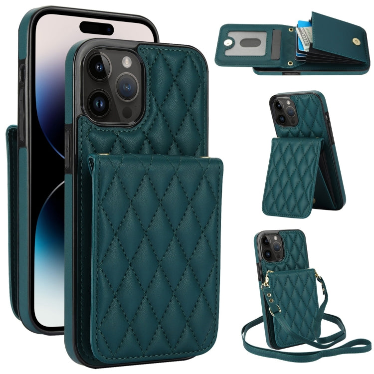 For iPhone 14 Pro Max YM015 Crossbody Rhombic Card Bag RFID Phone Case(Green) - iPhone 14 Pro Max Cases by buy2fix | Online Shopping UK | buy2fix