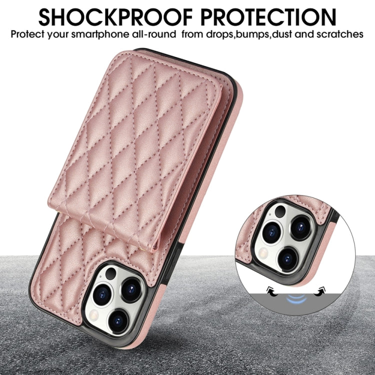 For iPhone 14 Pro Max YM015 Crossbody Rhombic Card Bag RFID Phone Case(Rose Gold) - iPhone 14 Pro Max Cases by buy2fix | Online Shopping UK | buy2fix