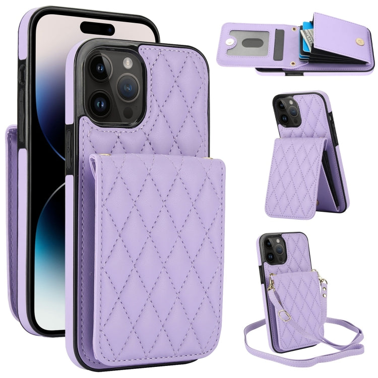 For iPhone 14 Pro Max YM015 Crossbody Rhombic Card Bag RFID Phone Case(Light Purple) - iPhone 14 Pro Max Cases by buy2fix | Online Shopping UK | buy2fix