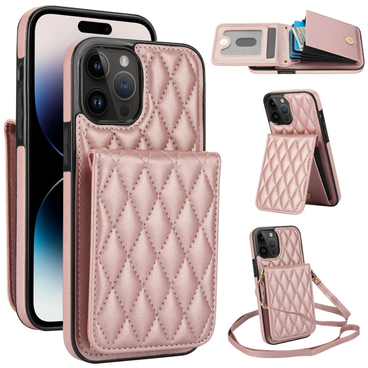 For iPhone 14 Pro YM015 Crossbody Rhombic Card Bag RFID Phone Case(Rose Gold) - iPhone 14 Pro Cases by buy2fix | Online Shopping UK | buy2fix