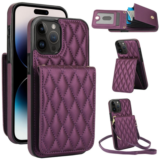 For iPhone 14 Pro YM015 Crossbody Rhombic Card Bag RFID Phone Case(Dark Purple) - iPhone 14 Pro Cases by buy2fix | Online Shopping UK | buy2fix
