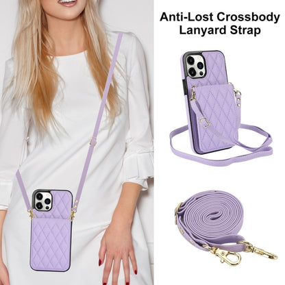 For iPhone 14 Pro YM015 Crossbody Rhombic Card Bag RFID Phone Case(Light Purple) - iPhone 14 Pro Cases by buy2fix | Online Shopping UK | buy2fix