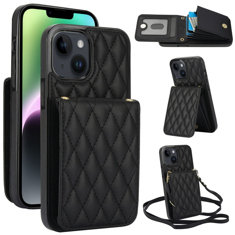 For iPhone 14 Plus YM015 Crossbody Rhombic Card Bag RFID Phone Case(Black) - iPhone 14 Plus Cases by buy2fix | Online Shopping UK | buy2fix