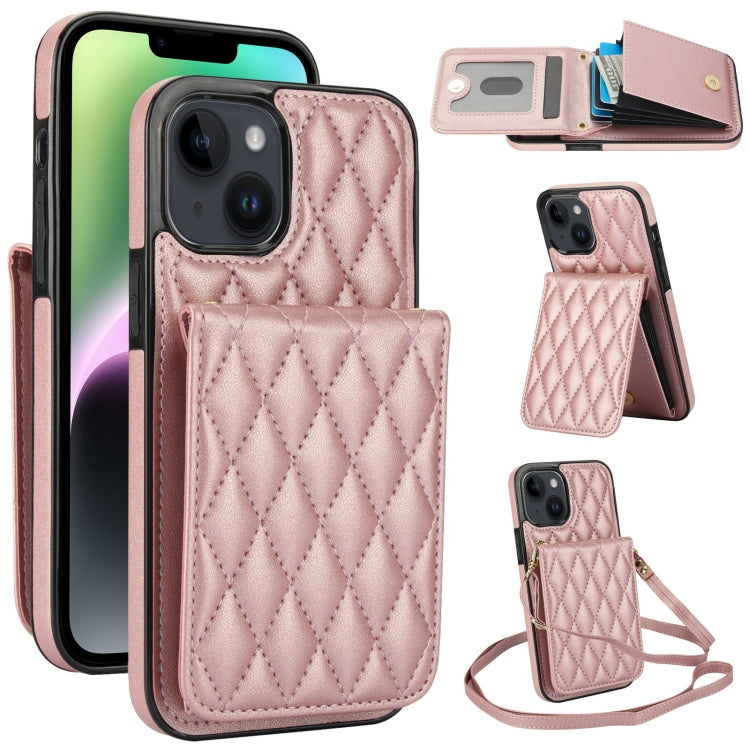 For iPhone 14 Plus YM015 Crossbody Rhombic Card Bag RFID Phone Case(Rose Gold) - iPhone 14 Plus Cases by buy2fix | Online Shopping UK | buy2fix