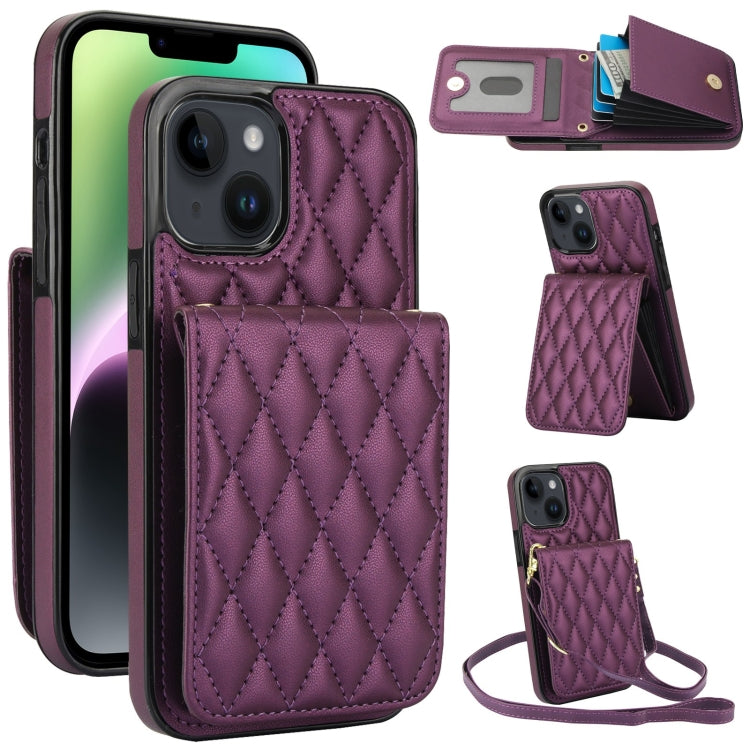 For iPhone 14 Plus YM015 Crossbody Rhombic Card Bag RFID Phone Case(Dark Purple) - iPhone 14 Plus Cases by buy2fix | Online Shopping UK | buy2fix