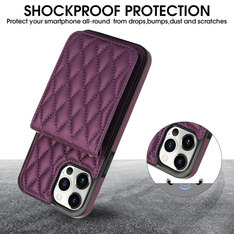 For iPhone 14 YM015 Crossbody Rhombic Card Bag RFID Phone Case(Dark Purple) - iPhone 14 Cases by buy2fix | Online Shopping UK | buy2fix