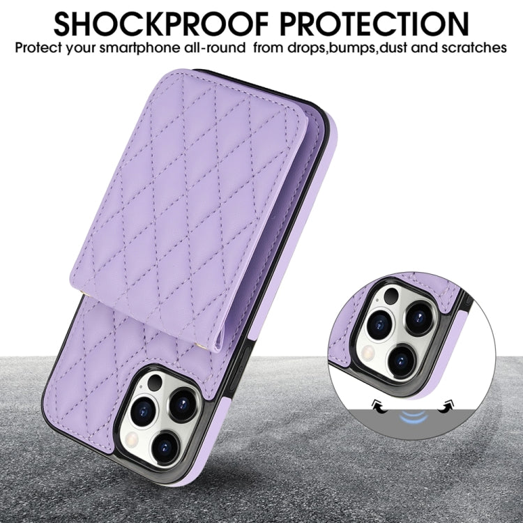 For iPhone 14 YM015 Crossbody Rhombic Card Bag RFID Phone Case(Light Purple) - iPhone 14 Cases by buy2fix | Online Shopping UK | buy2fix
