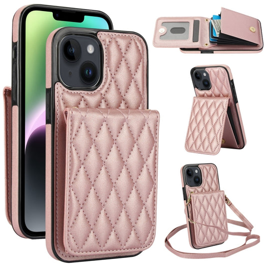 For iPhone 13 YM015 Crossbody Rhombic Card Bag RFID Phone Case(Rose Gold) - iPhone 13 Cases by buy2fix | Online Shopping UK | buy2fix