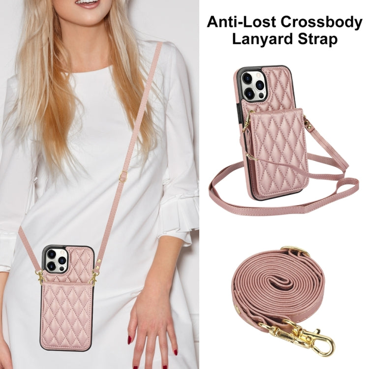 For iPhone 13 YM015 Crossbody Rhombic Card Bag RFID Phone Case(Rose Gold) - iPhone 13 Cases by buy2fix | Online Shopping UK | buy2fix