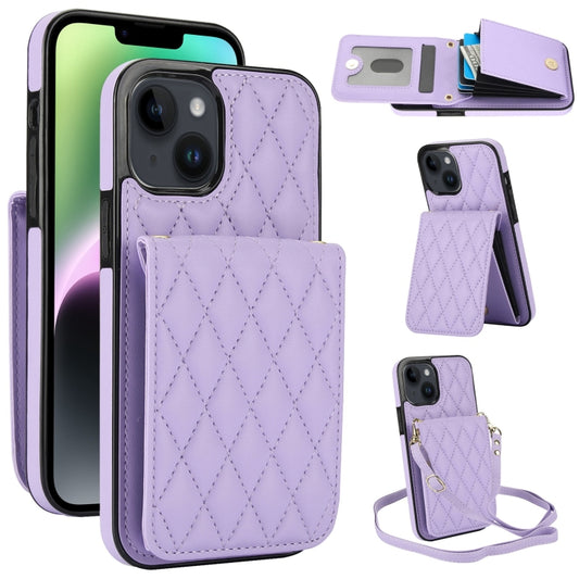 For iPhone 13 YM015 Crossbody Rhombic Card Bag RFID Phone Case(Light Purple) - iPhone 13 Cases by buy2fix | Online Shopping UK | buy2fix