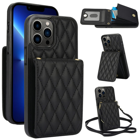 For iPhone 13 Pro YM015 Crossbody Rhombic Card Bag RFID Phone Case(Black) - iPhone 13 Pro Cases by buy2fix | Online Shopping UK | buy2fix