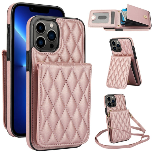 For iPhone 13 Pro YM015 Crossbody Rhombic Card Bag RFID Phone Case(Rose Gold) - iPhone 13 Pro Cases by buy2fix | Online Shopping UK | buy2fix