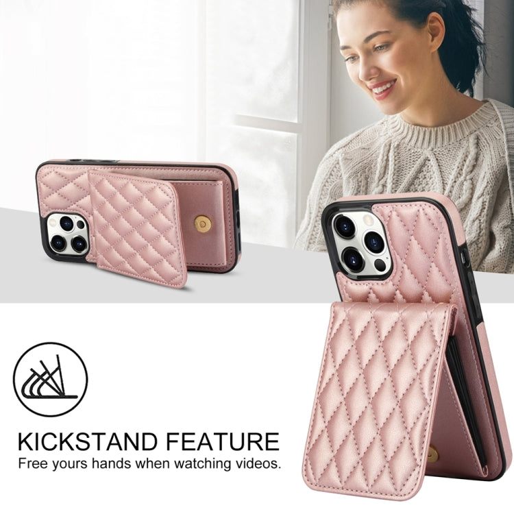 For iPhone 13 Pro YM015 Crossbody Rhombic Card Bag RFID Phone Case(Rose Gold) - iPhone 13 Pro Cases by buy2fix | Online Shopping UK | buy2fix