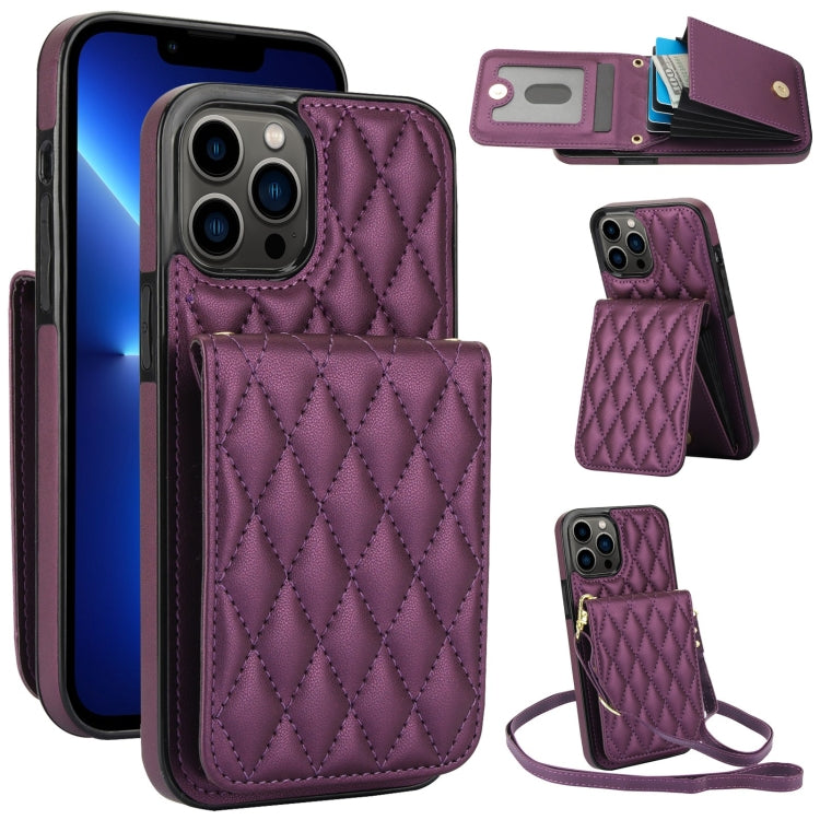 For iPhone 13 Pro YM015 Crossbody Rhombic Card Bag RFID Phone Case(Dark Purple) - iPhone 13 Pro Cases by buy2fix | Online Shopping UK | buy2fix