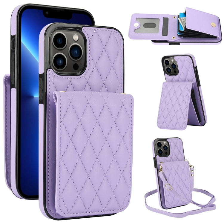 For iPhone 13 Pro YM015 Crossbody Rhombic Card Bag RFID Phone Case(Light Purple) - iPhone 13 Pro Cases by buy2fix | Online Shopping UK | buy2fix