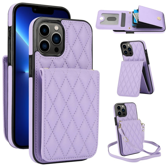 For iPhone 13 Pro YM015 Crossbody Rhombic Card Bag RFID Phone Case(Light Purple) - iPhone 13 Pro Cases by buy2fix | Online Shopping UK | buy2fix